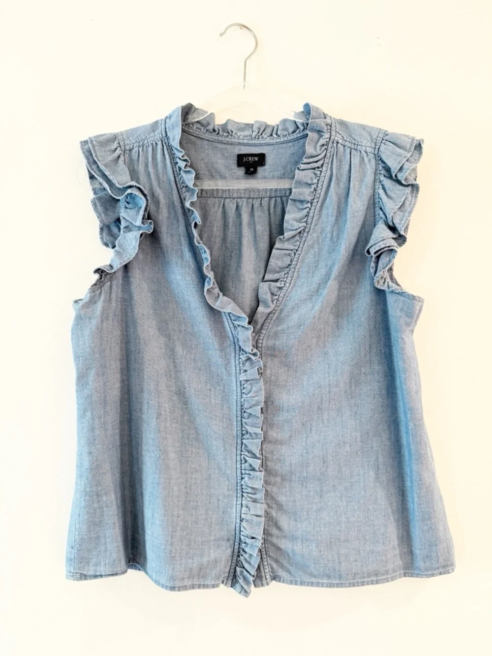 J. Crew Denim Chambray Ruffle Sleeve Top - Picture 2 of 6